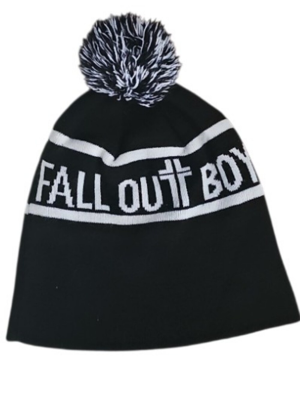 Fall Out Boy Beanie Black White Logo Pom Pom Knit Hat Emo Pop Punk Band Merch